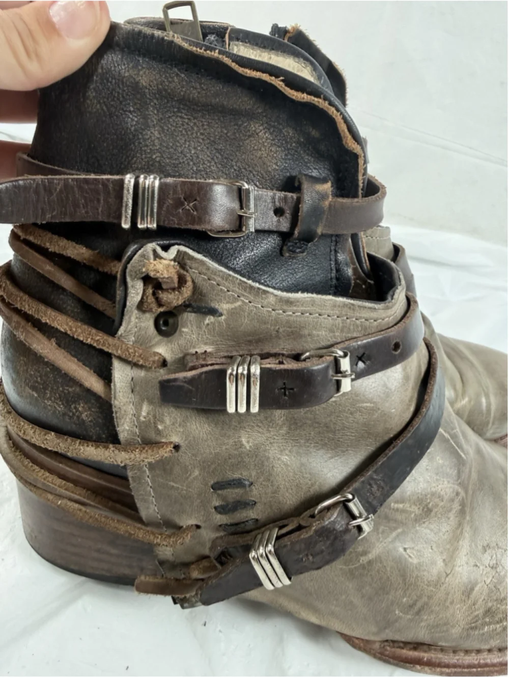 Freebird by Steven Crue Grey Multi Leather Harness Ankle Boots Women Size 10